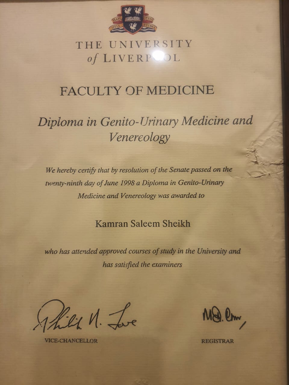 Diploma in Genito-Urinary Medicine and Venereology, University of Liverpool, awarded to Kamran Saleem Sheikh, 29 June 1998