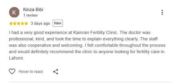 Google review from Kinza Bibi describing a professional, kind doctor who explained everything clearly, with cooperative and welcoming staff.