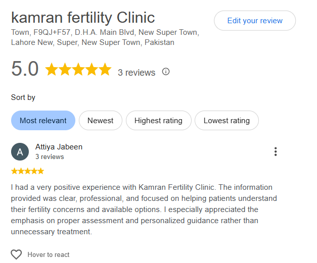 Kamran Fertility Clinic Google Business Profile: 5.0 rating from 3 reviews, with a 5-star review from Attiya Jabeen describing a clear, professional experience focused on proper assessment over unnecessary treatment.